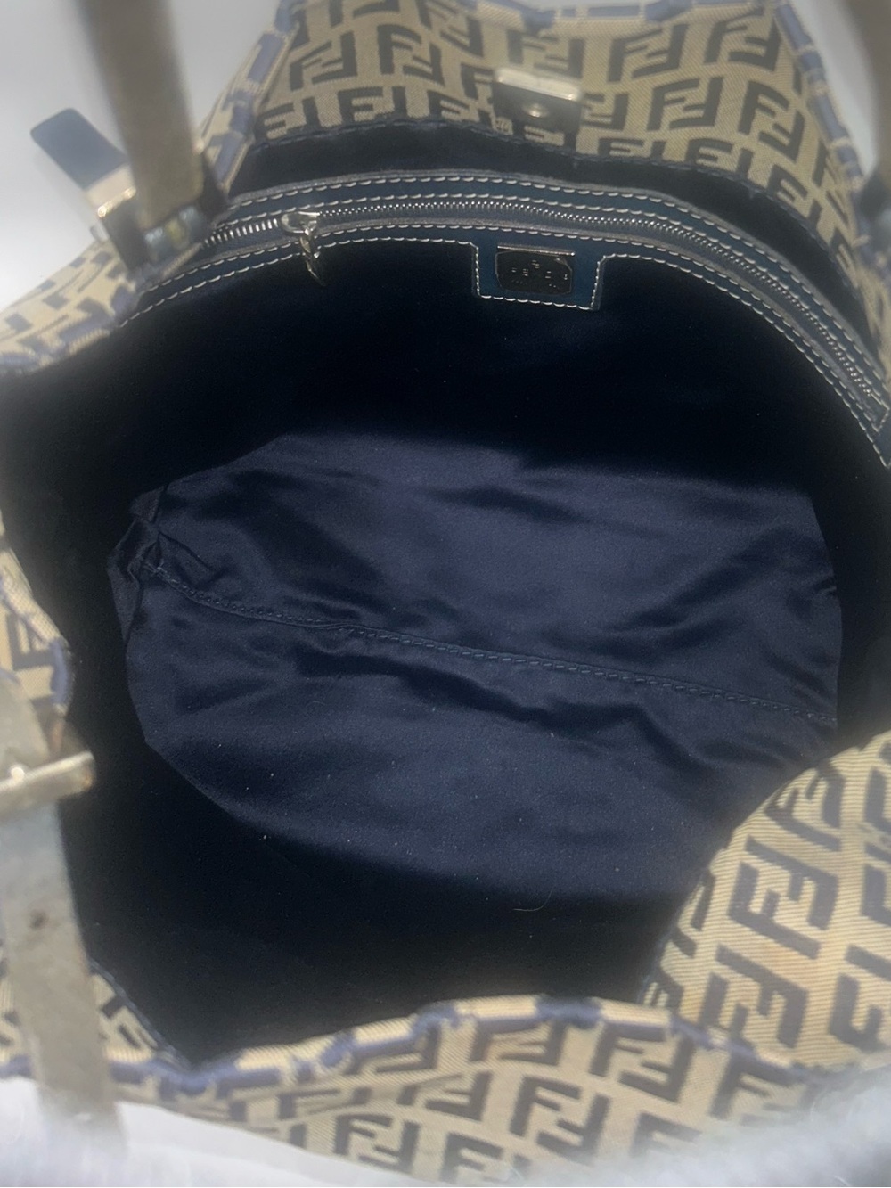 Fendi Vintage FF Zucca Jacquard Tote Bag Blue Leather Trim - Picture 10 of 10